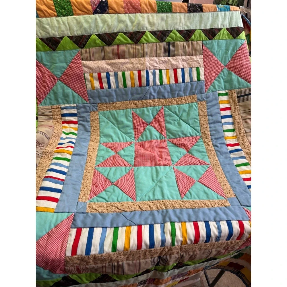 Handmade Patchwork Star Block Quilt 52x56 Throw Blanket Cottage Farmhouse Folk